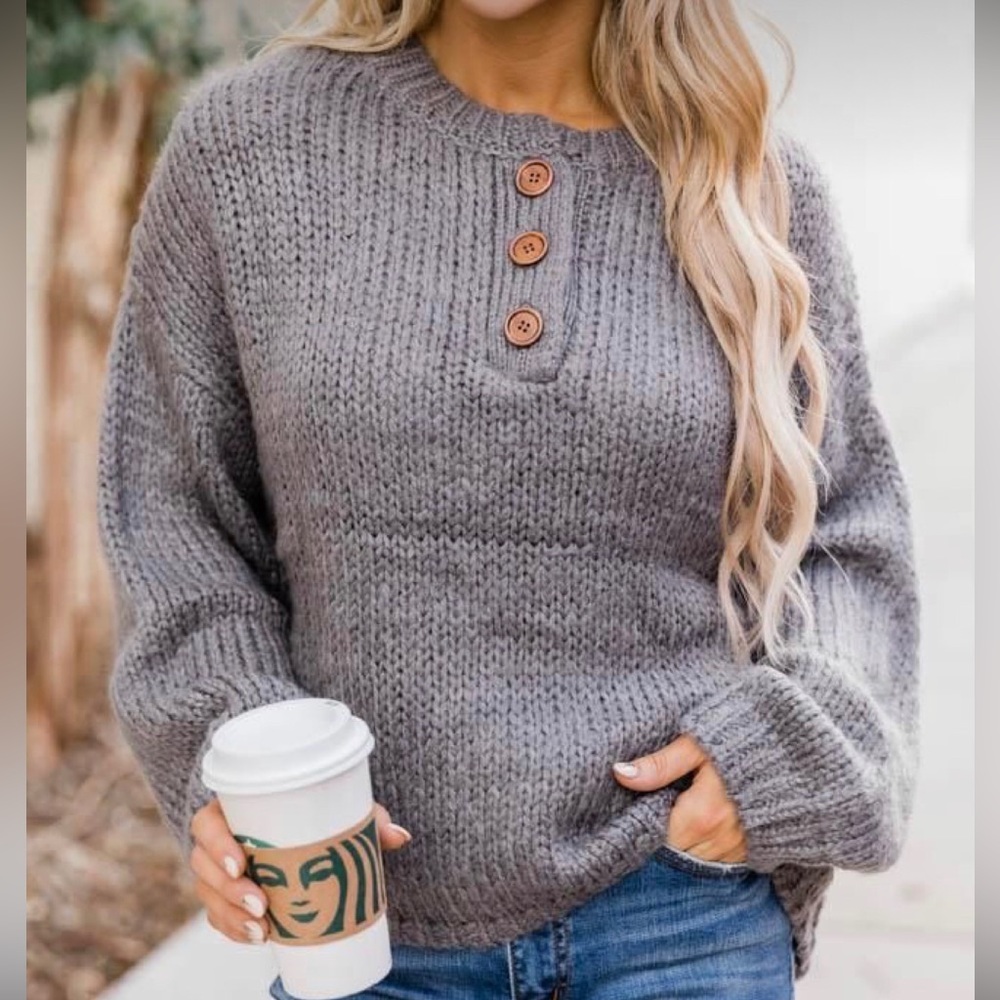 Pink Lily Kicked Back Charcoal Henley Sweater size Small - Picture 2 of 6